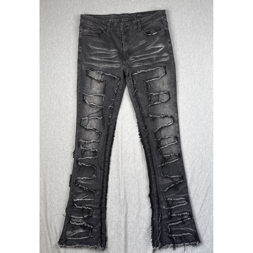 Rockstar Original Distressed Flare Black Stacked Jean Size 38x36 Streetwear